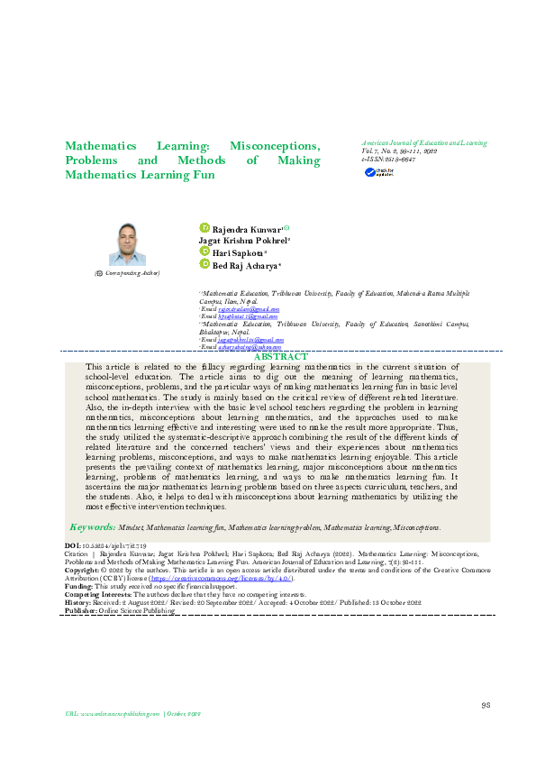 (PDF) Mathematics Learning: Misconceptions, Problems and Methods of ...