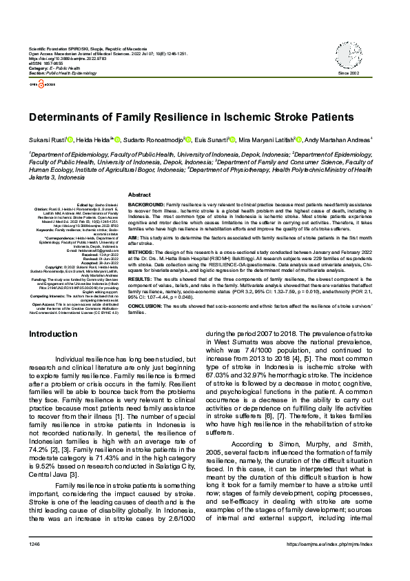 (PDF) Determinants of Family Resilience in Ischemic Stroke Patients