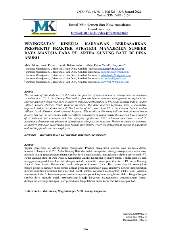 Peningkatan Kinerja Karyawan Berdasarkan Prespektif Praktek Strategi Manajemen Sumber Daya Manusia Pada Pt. Artha Gunung Batu DI Desa Andeo