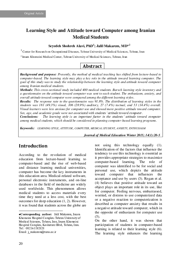 (PDF) Learning Style and Attitude toward Computer among Iranian Medical ...