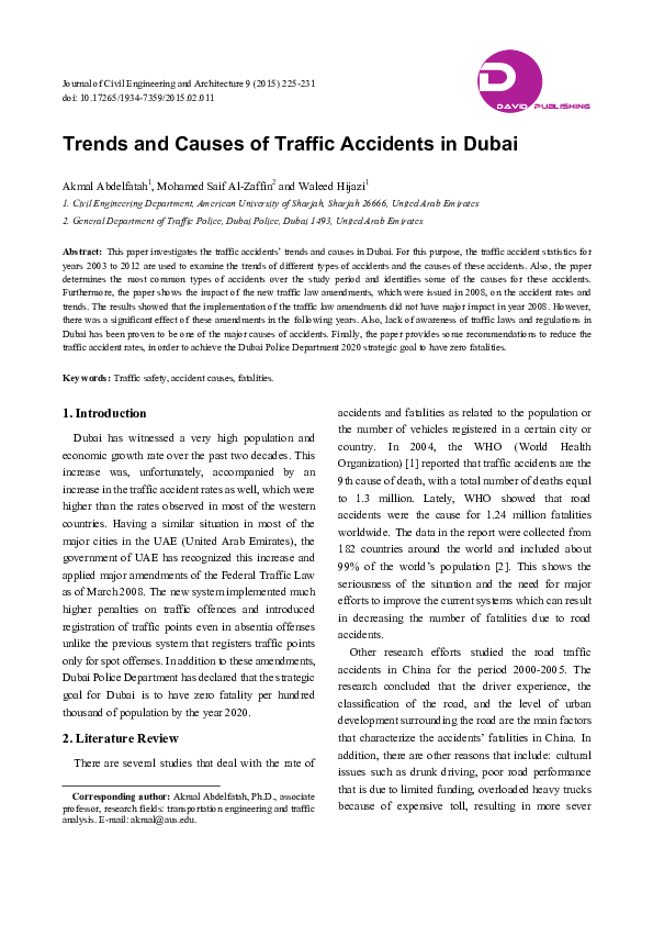 (PDF) Trends and Causes of Traffic Accidents in Dubai