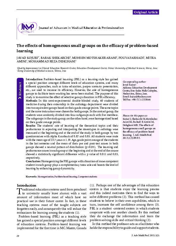 (PDF) The effects of homogeneous small groups on the efficacy of ...