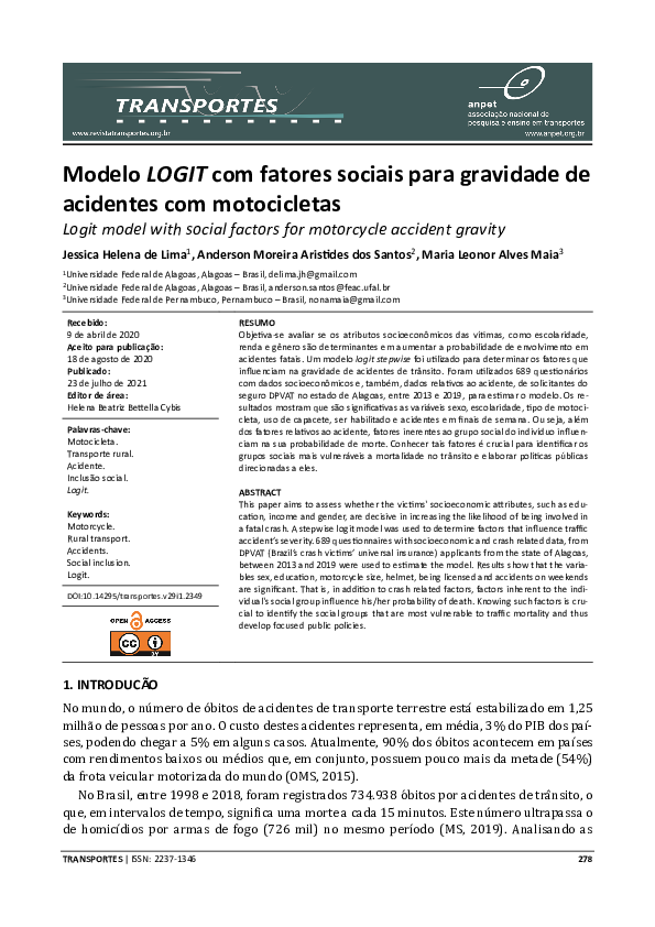 (PDF) Modelo LOGIT com fatores sociais para gravidade de acidentes com ...