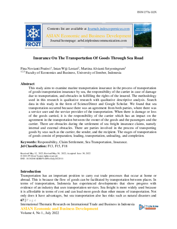 (PDF) Insurance On The Transportation Of Goods Through Sea Road
