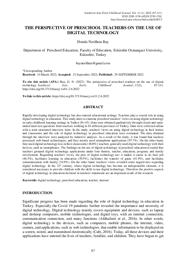 (PDF) THE PERSPECTIVE OF PRESCHOOL TEACHERS ON THE USE OF DIGITAL ...
