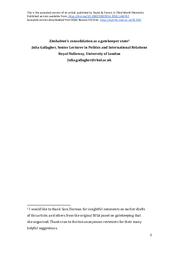 (PDF) Zimbabwe’s consolidation as a gatekeeper state