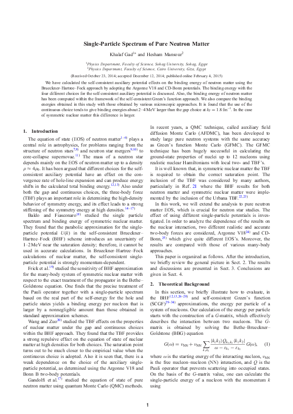 (PDF) Single-Particle Spectrum of Pure Neutron Matter