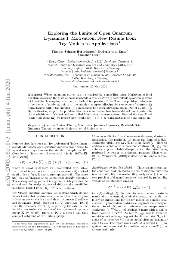 (PDF) Exploring the Limits of Open Quantum Dynamics I: Motivation ...