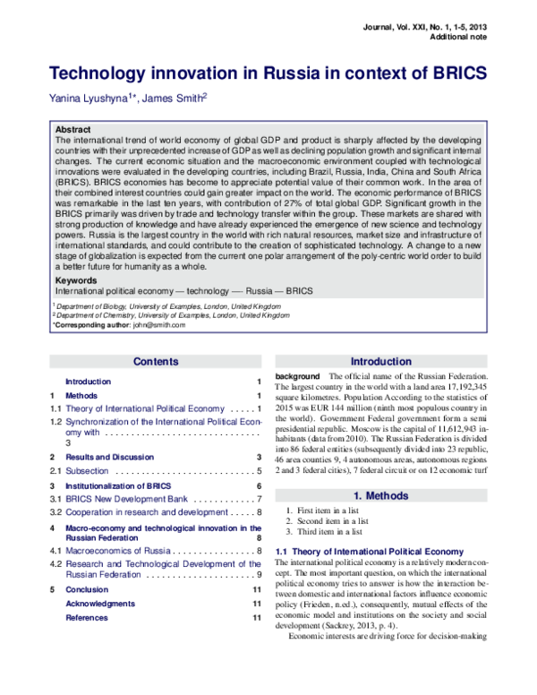 (PDF) Technology innovation in Russia in context of BRICS