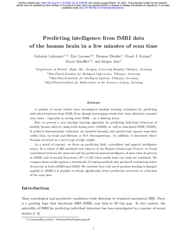 (PDF) Predicting intelligence from fMRI data of the human brain in a ...