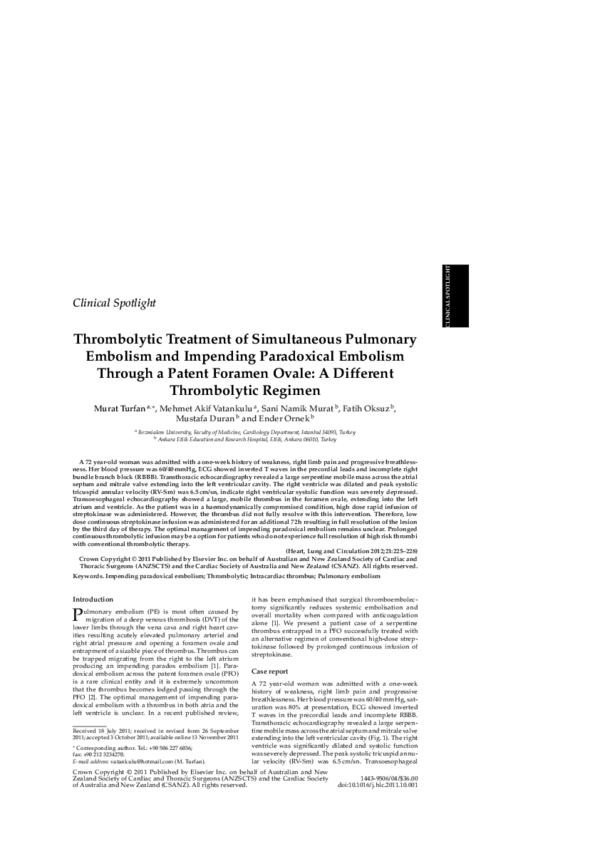 (PDF) Thrombolytic Treatment of Simultaneous Pulmonary Embolism and ...
