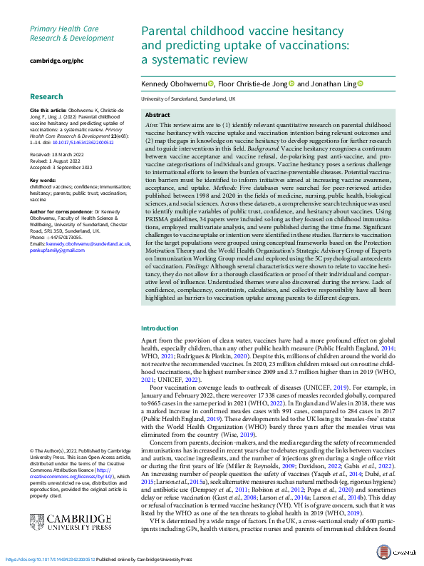 (PDF) Parental childhood vaccine hesitancy and predicting uptake of ...