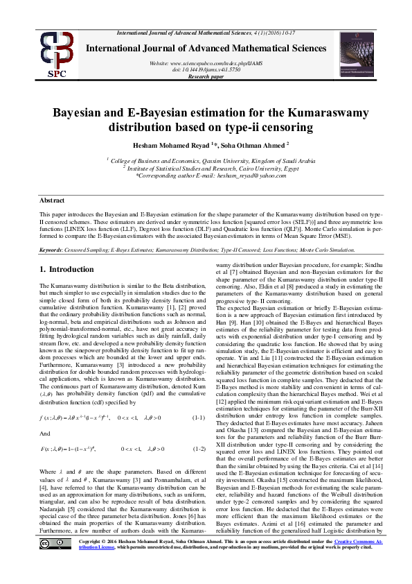 (PDF) Bayesian and E-Bayesian estimation for the Kumaraswamy ...