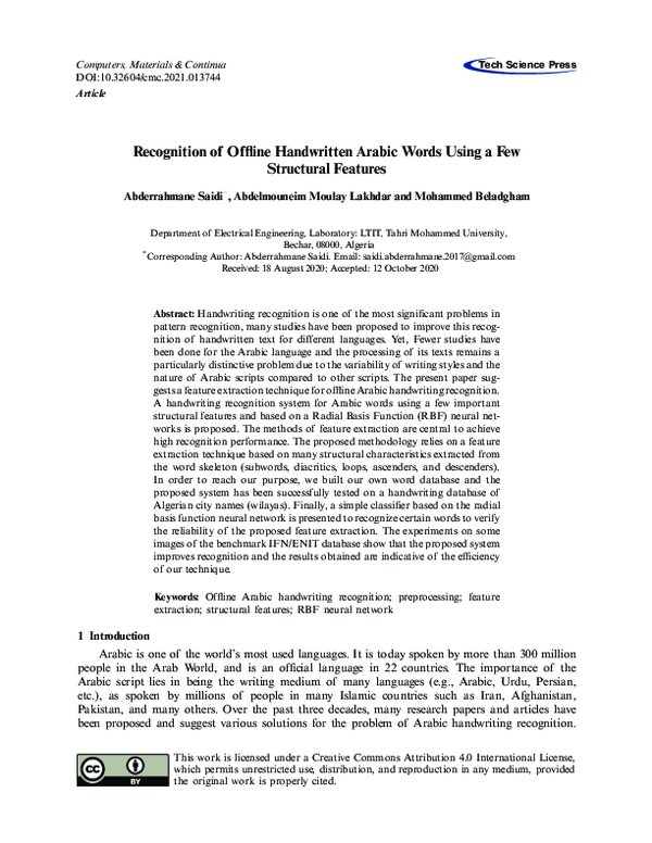 (PDF) Recognition of Offline Handwritten Arabic Words Using a Few ...
