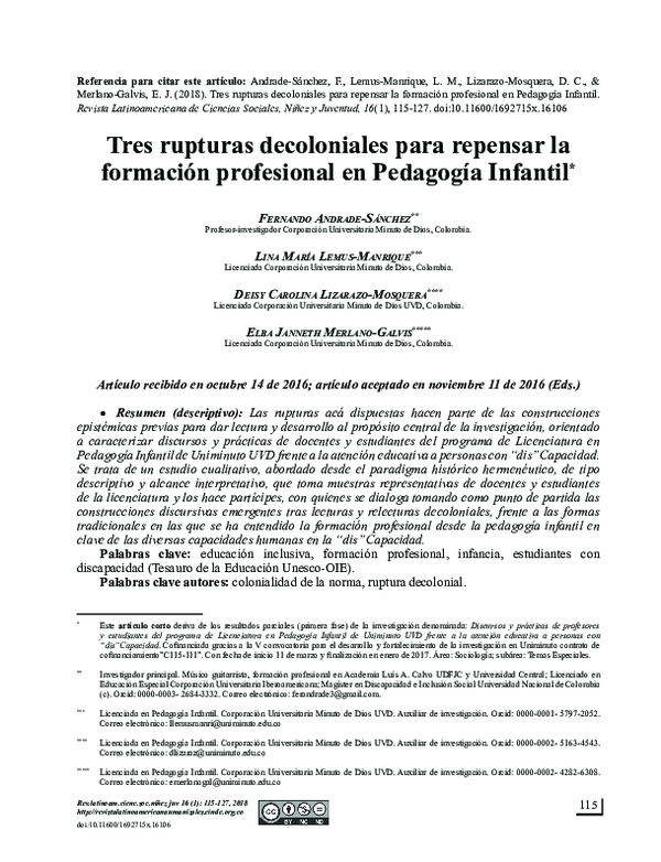 Tres rupturas decoloniales para repensar la formación profesional en Pedagogía Infantil