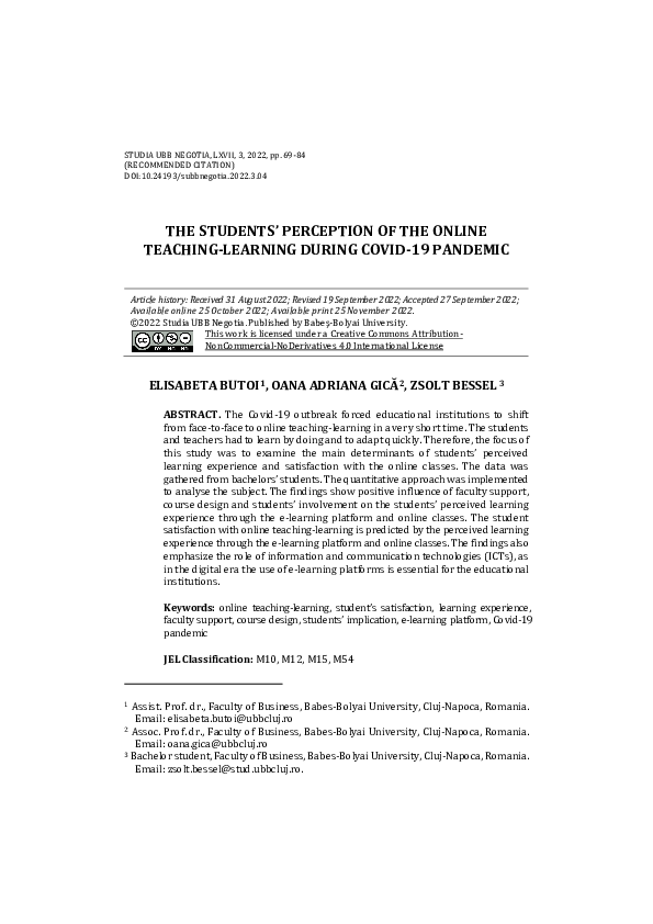 (PDF) The Students’ Perception of the Online Teaching-learning During ...