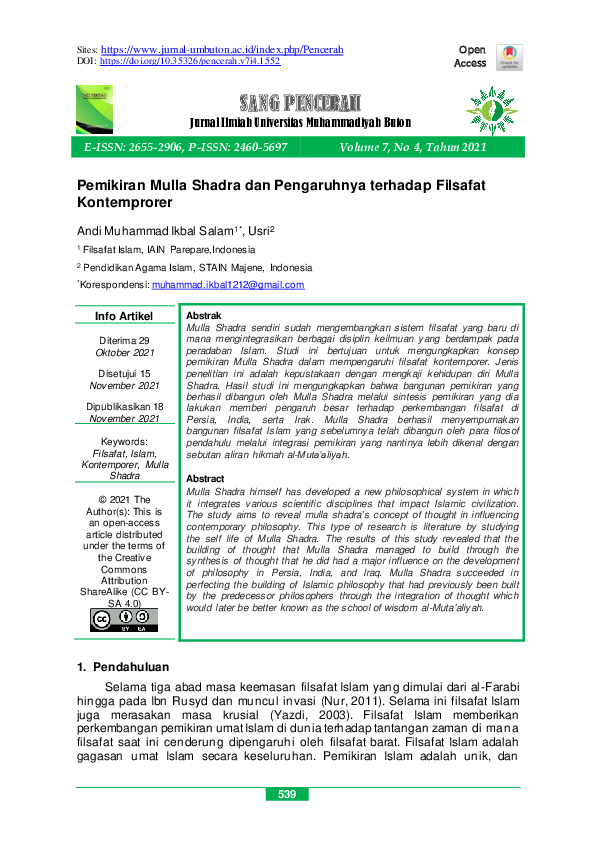 (PDF) Pemikiran Mulla Shadra dan Pengaruhnya terhadap Filsafat Kontemprorer