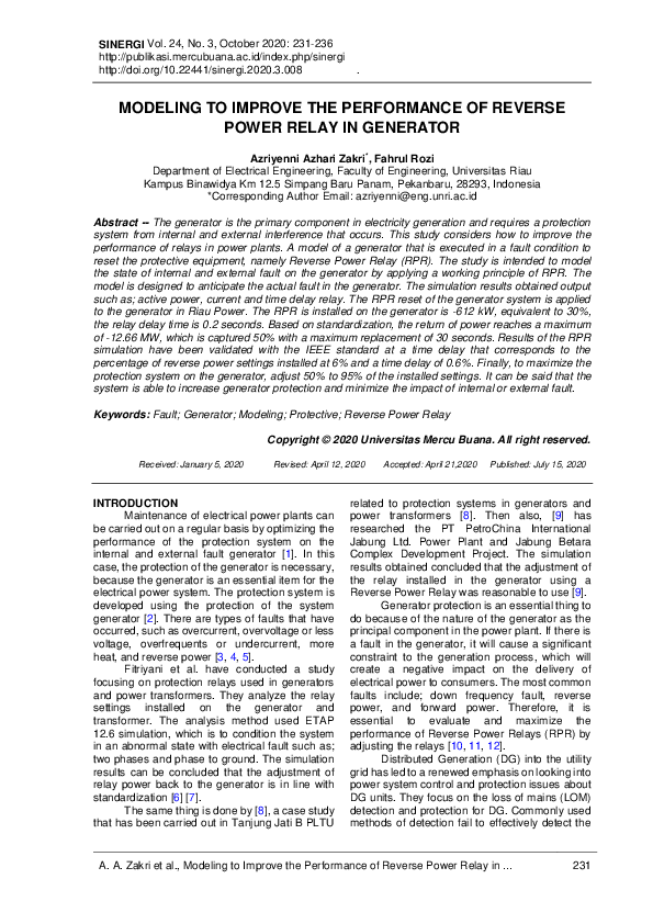 (PDF) Modeling to Improve the Performance of Reverse Power Relay in