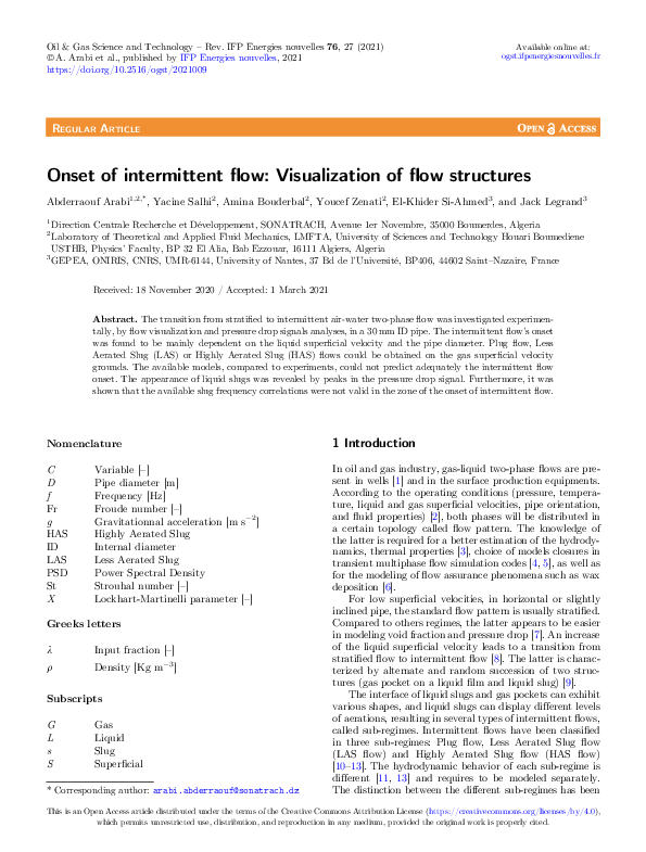 (PDF) Onset of intermittent flow Visualization of flow structures Youcef ZENATI Academia.edu