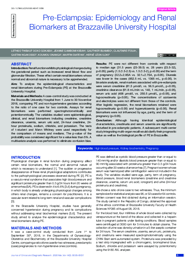 (PDF) PreEclampsia Epidemiology and Renal Biomarkers at Brazzaville