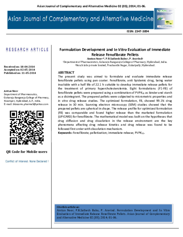 (PDF) Formulation Development and In Vitro Evaluation of Immediate ...