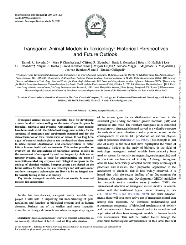 (PDF) Transgenic Animal Models in Toxicology: Historical Perspectives ...