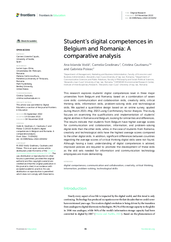 (PDF) Student’s digital competences in Belgium and Romania: A ...