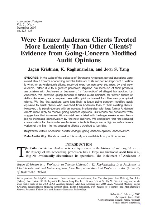 (PDF) Were Former Andersen Clients Treated More Leniently Than Other ...