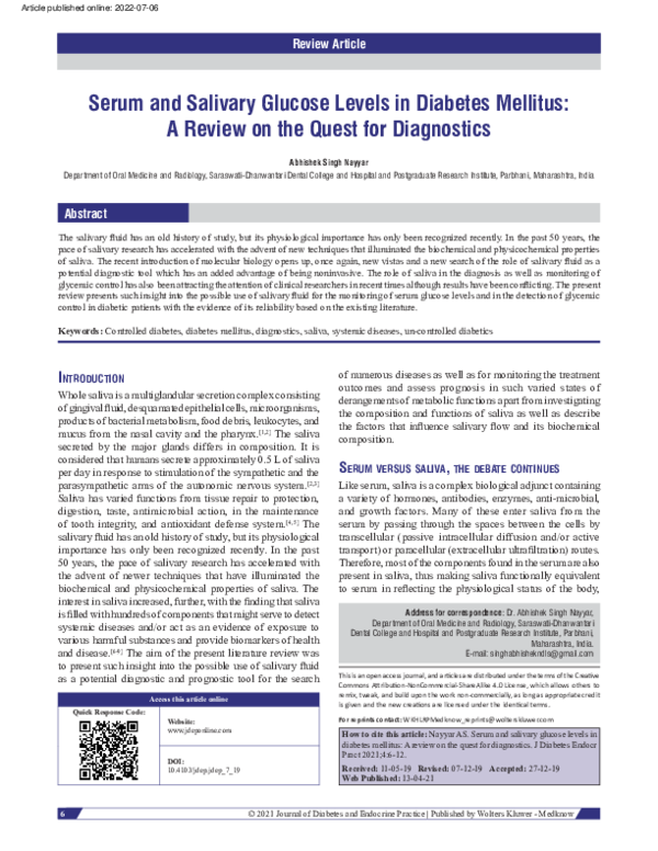 (PDF) Serum and salivary glucose levels in diabetes mellitus A review