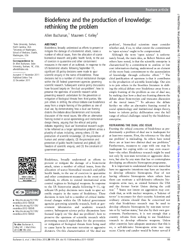 (PDF) Biodefence and the production of knowledge: rethinking the problem