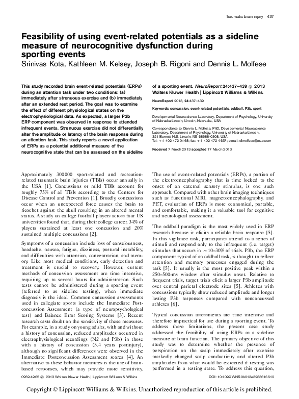 (PDF) Feasibility of using event-related potentials as a sideline ...