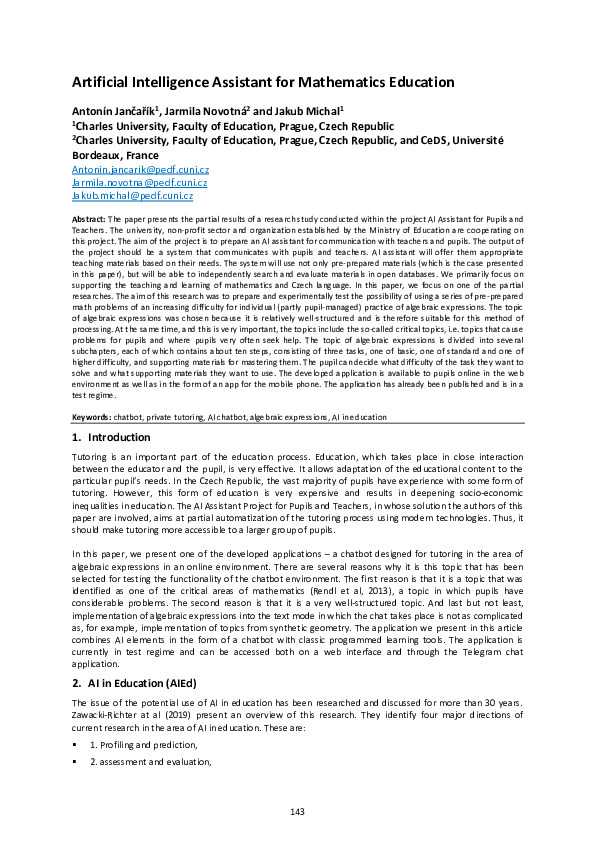 (PDF) Artificial Intelligence Assistant for Mathematics Education