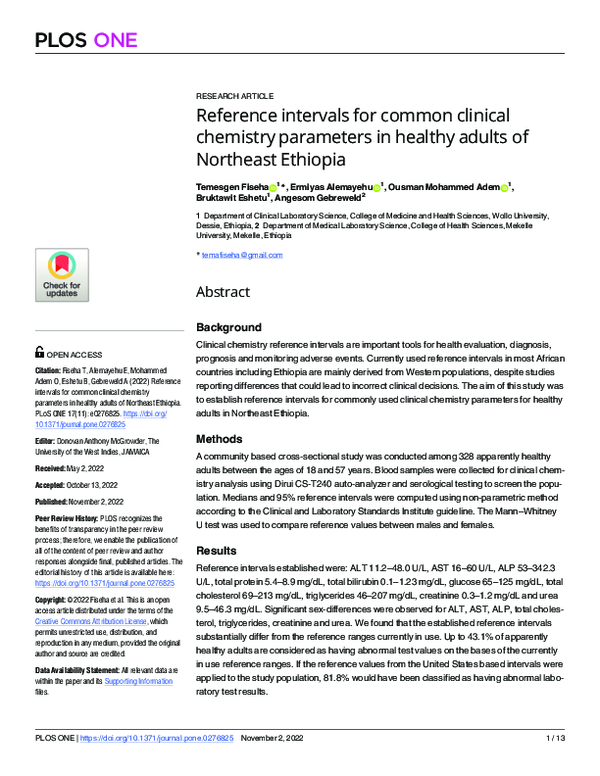 (PDF) Reference intervals for common clinical chemistry parameters in ...