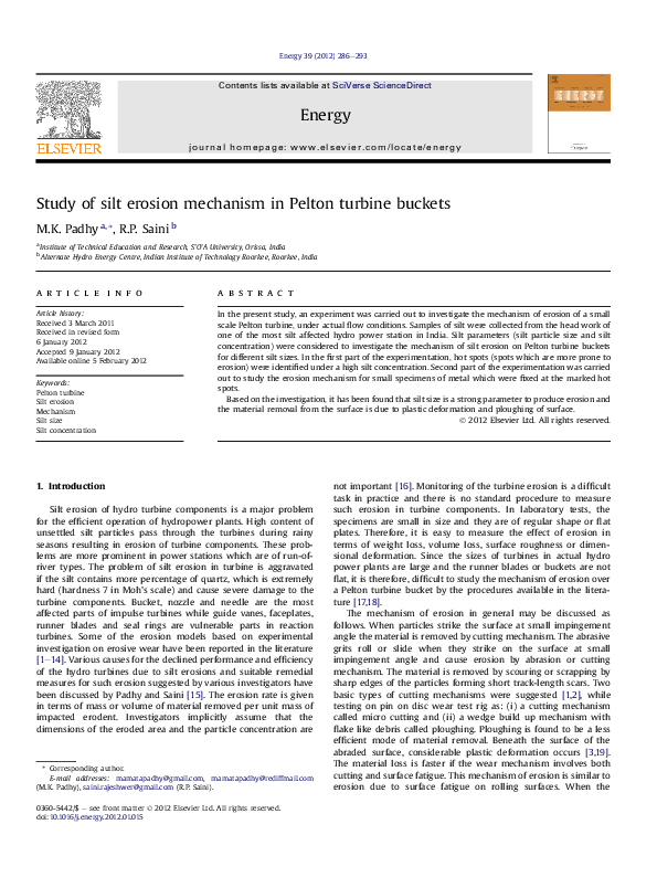 (PDF) Study of silt erosion mechanism in Pelton turbine buckets