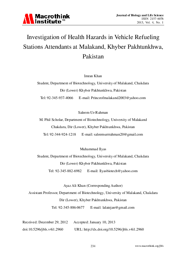 (PDF) Investigation of Health Hazards in Vehicle Refueling Stations
