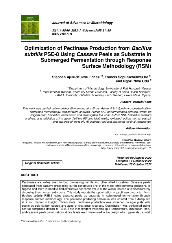 (PDF) Optimization of Pectinase Production from Bacillus subtilis PSE8 Using Cassava Peels as