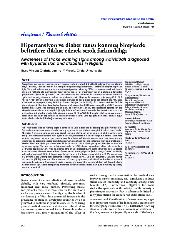 (PDF) Awareness of stroke warning signs among individuals diagnosed ...