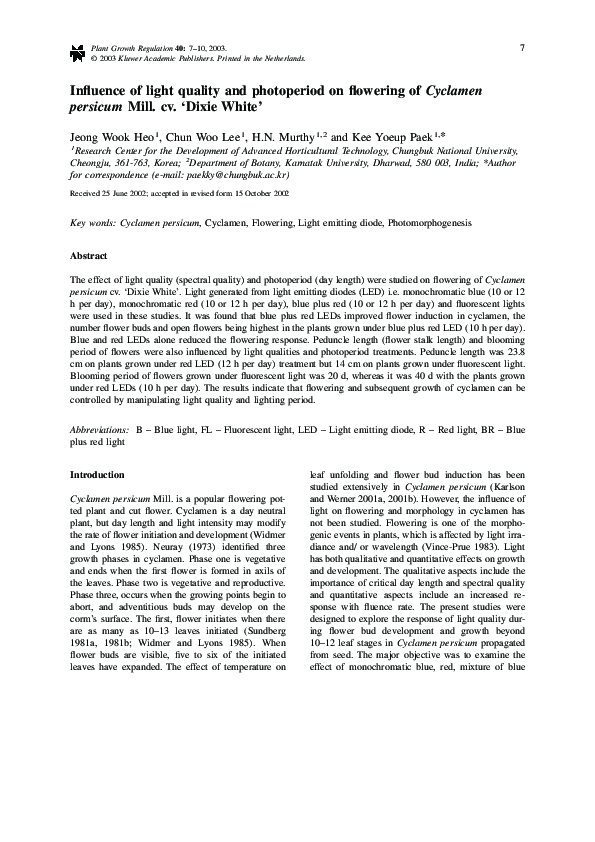(PDF) Influence of light quality and photoperiod on flowering of ...