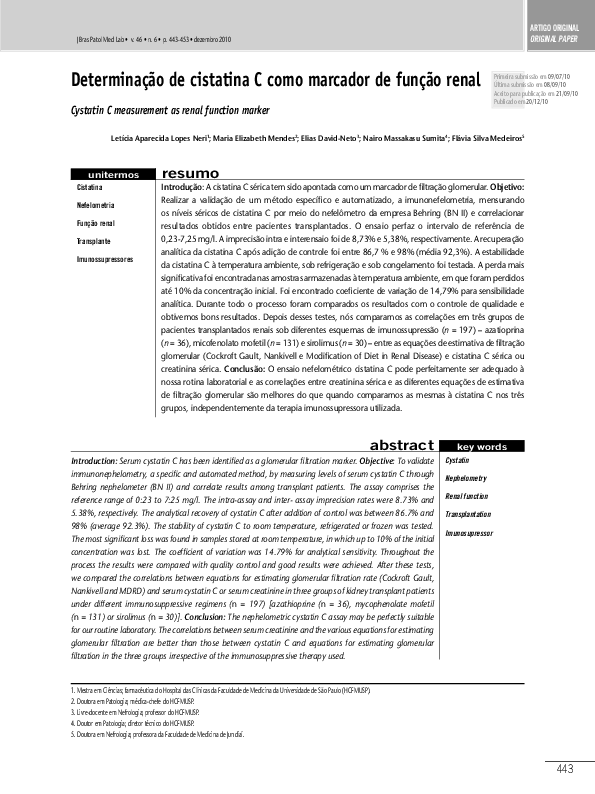 (PDF) Determinação de cistatina C como marcador de função renal