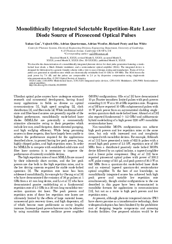 (PDF) Monolithically integrated selectable repetition-rate laser diode ...