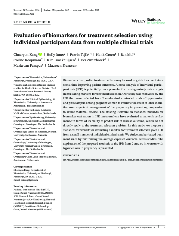 (PDF) Evaluation of biomarkers for treatment selection using individual ...