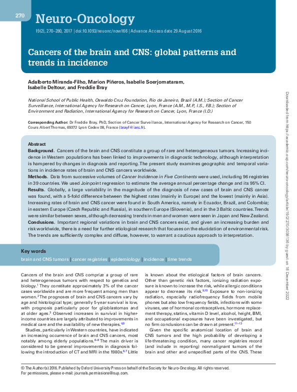 (PDF) Cancers of the brain and CNS: global patterns and trends in incidence
