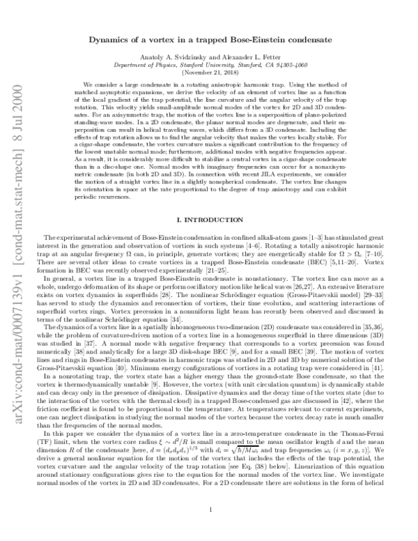(PDF) Dynamics of a vortex in a trapped Bose-Einstein condensate