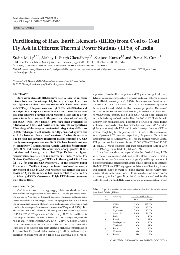 Partitioning of Rare Earth Elements (REEs) from Coal to Coal Fly Ash in ...