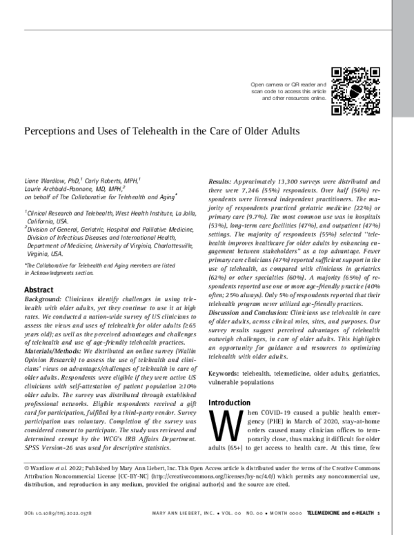 (PDF) Perceptions and Uses of Telehealth in the Care of Older Adults