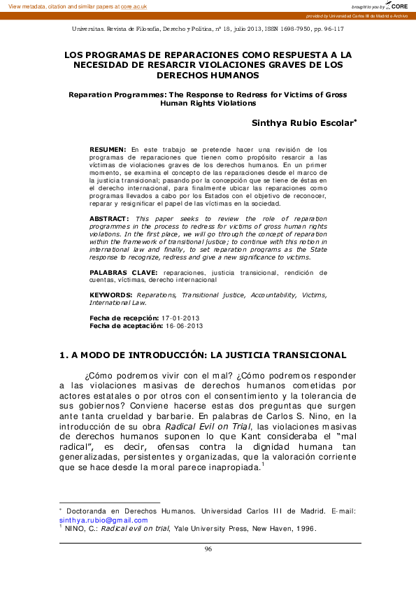 (PDF) Reparation Programmes: The Response to Redress for Victims of ...