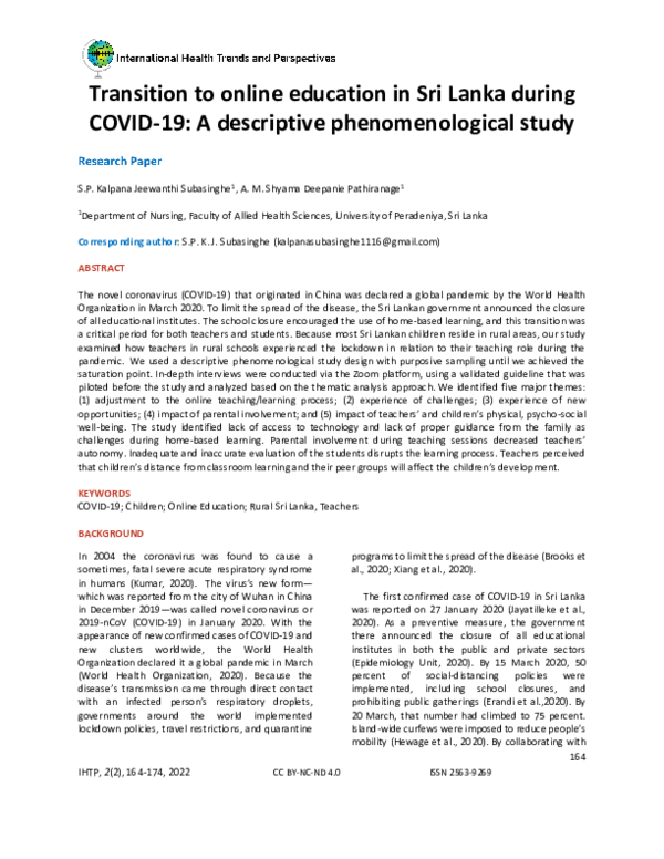 (PDF) Transition to online education in Sri Lanka during COVID-19: A ...