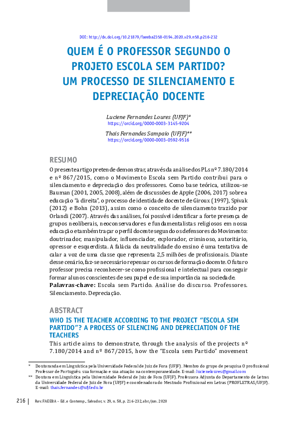 (PDF) Quem É O Professor Segundo O Projeto Escola Sem Partido? Um ...
