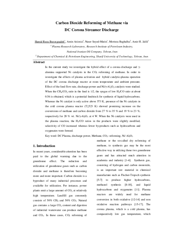 (PDF) Carbon Dioxide Reforming of Methane via DC Corona Streamer Discharge