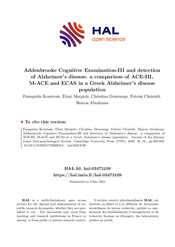 (PDF) Addenbrooke Cognitive Examination-III and detection of Alzheimer ...
